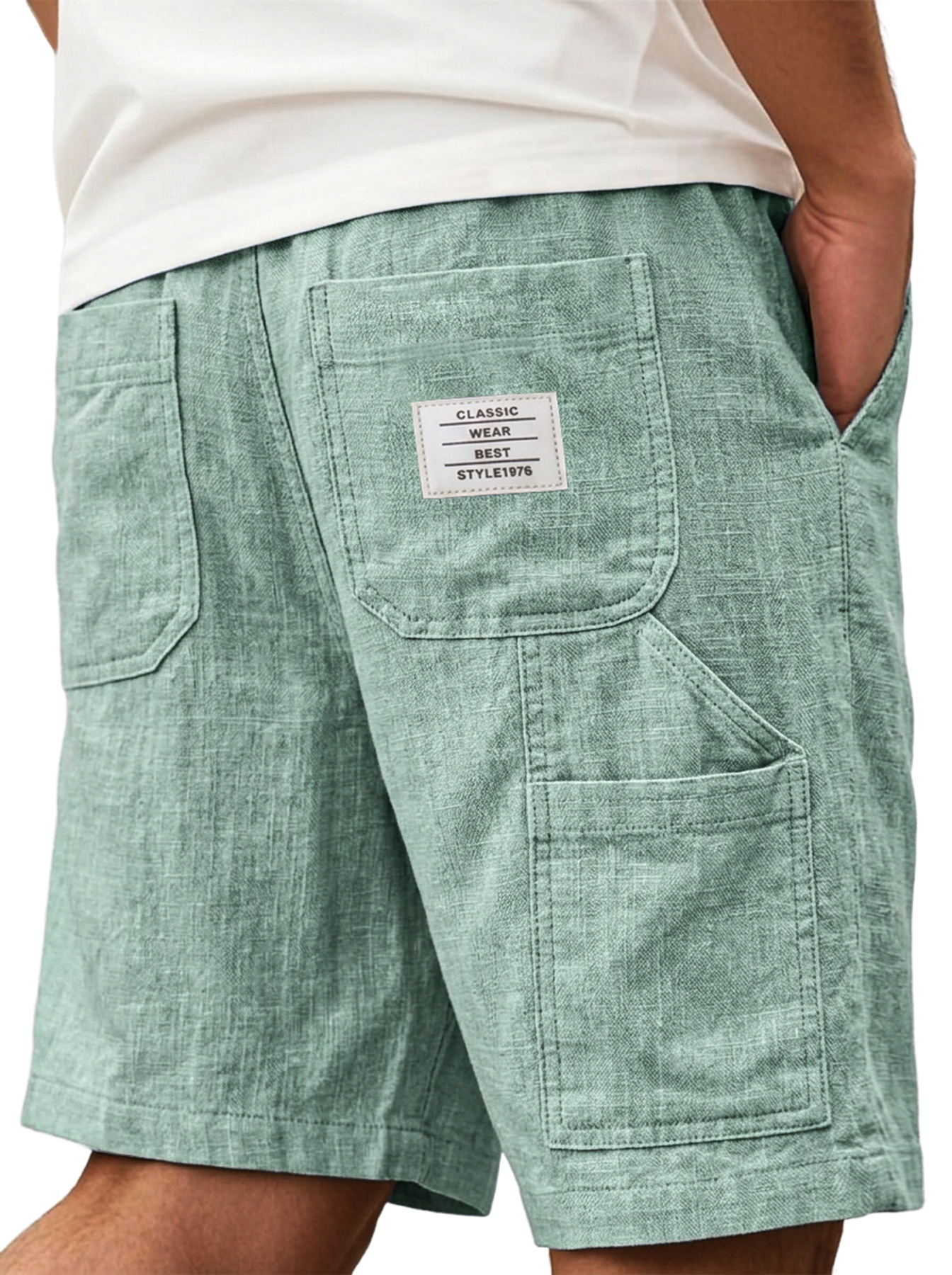 Men's Comfortable Cotton Linen Multi-Pocket Embroidered Logo Casual Cargo Shorts
