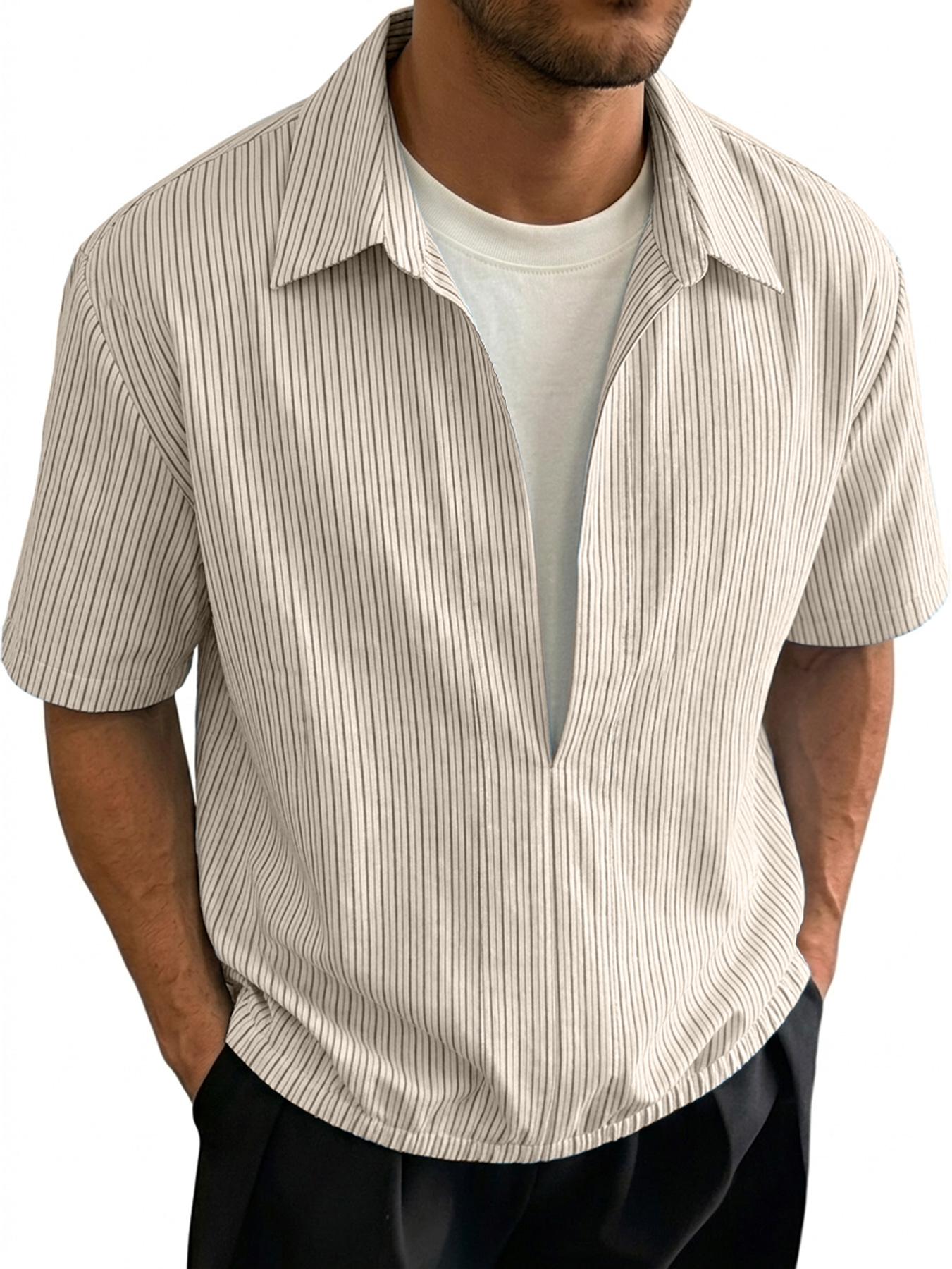 Men's Linen-style Collared Faux Two-piece Casual Comfortable Short-sleeved Polo Shirt