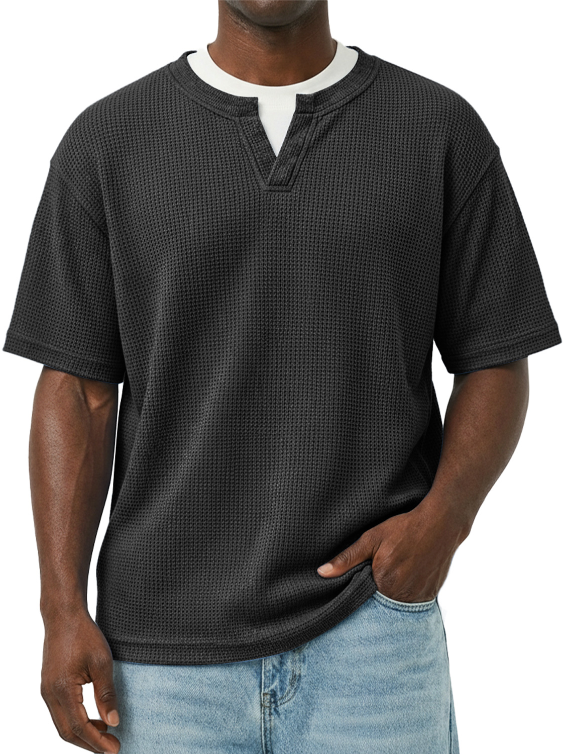 Men's Waffle-knit Double-layered Collar Faux Two-piece Casual Long-sleeved T-shirt