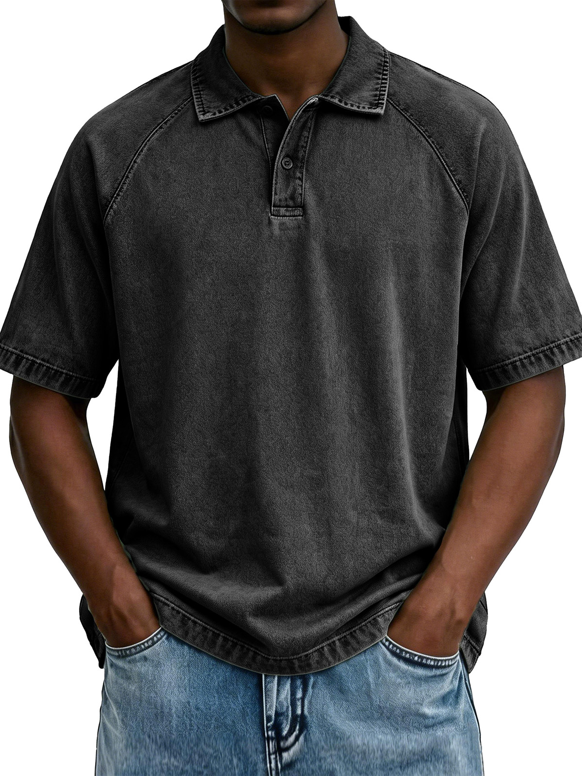 Men's Fashionable Raglan Distressed Collared Loose Short-Sleeve Polo Shirt