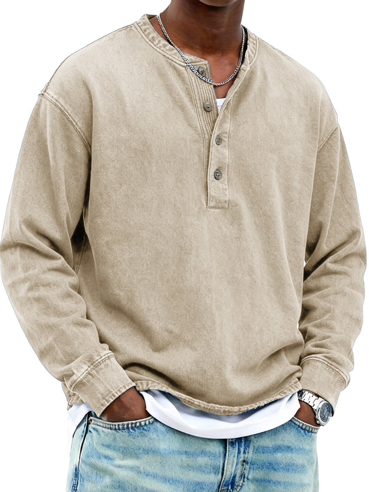 Men's Fashionable Retro Stand Collar Button-Up Long-Sleeved Henley Shirt