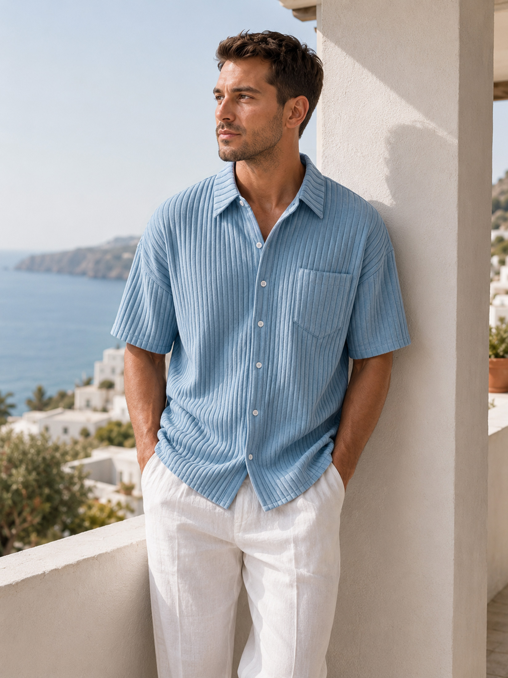 Men's Casual Solid-Color Short-Sleeve Shirt with Wide Ribbing