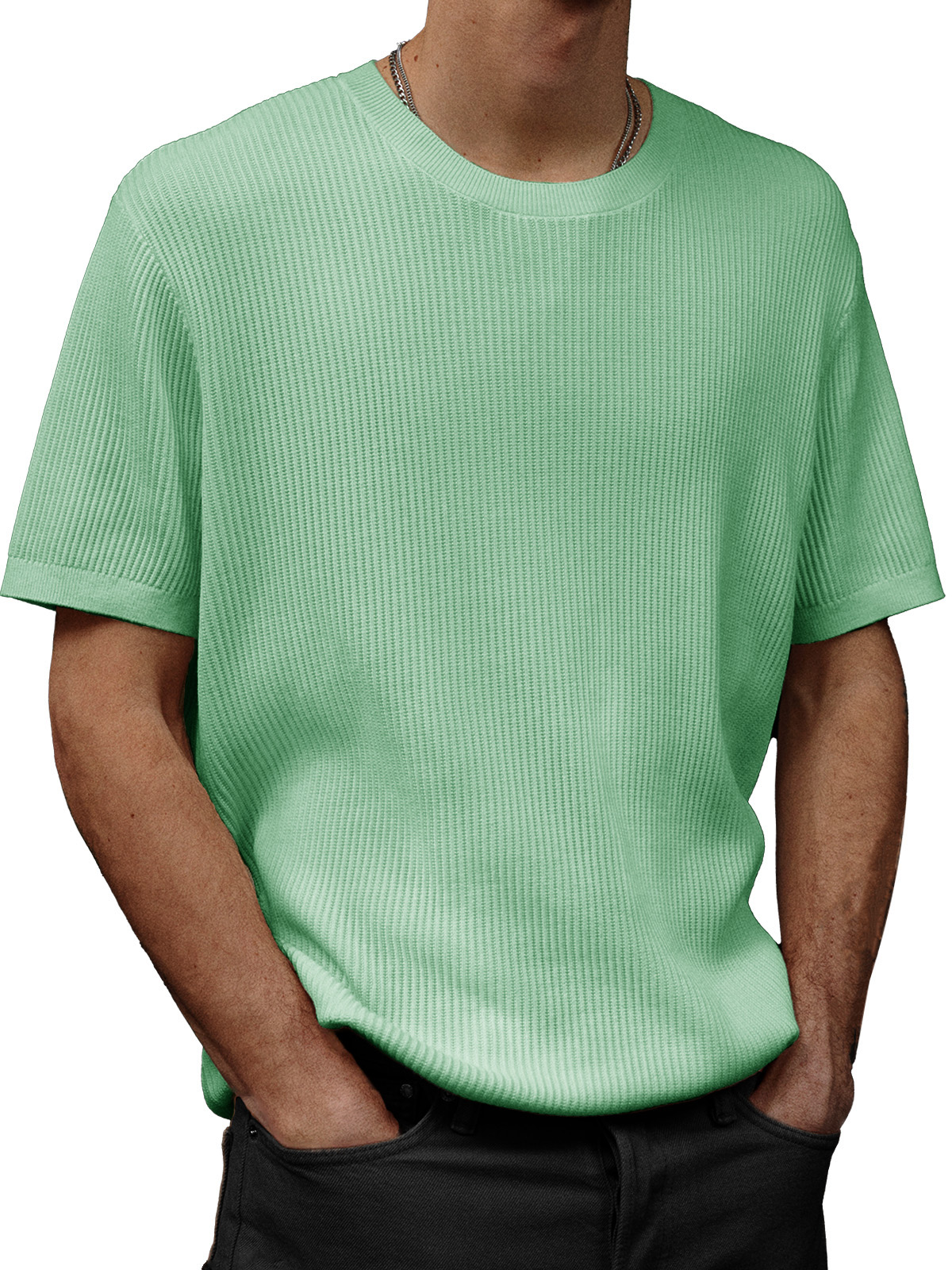 Men's Fashion Casual Waffle Fabric Round Neck Short-sleeved T-shirt