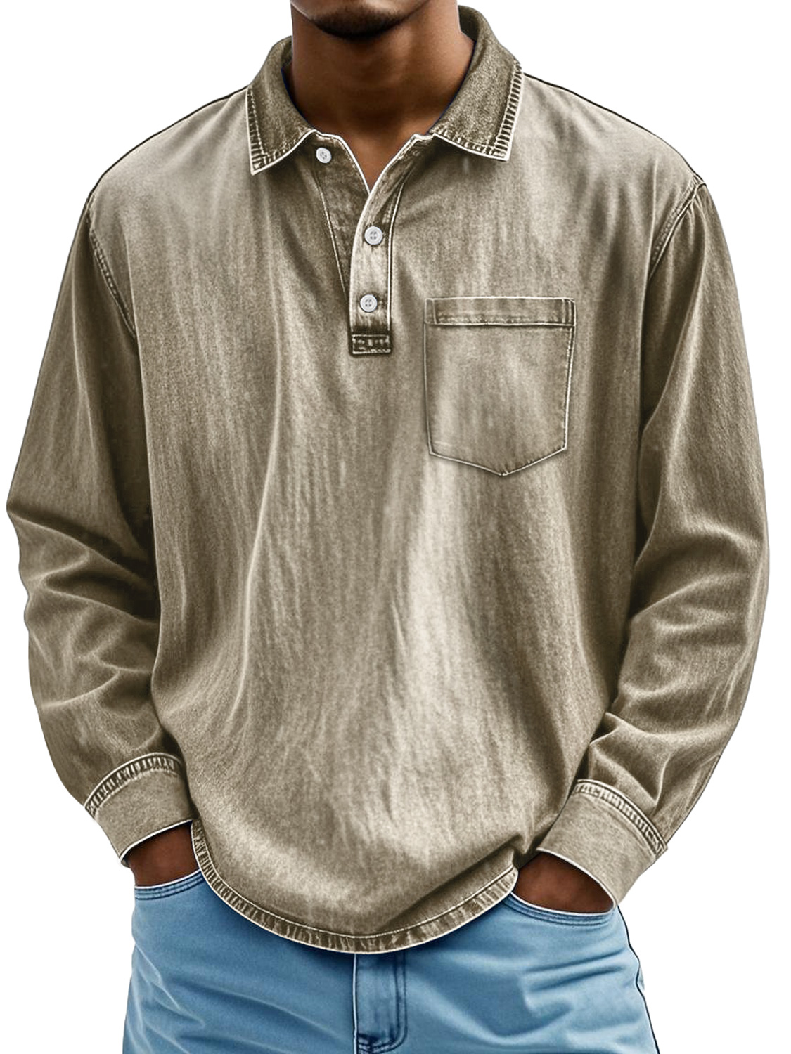 Men's Retro Lapel Button Casual Pocket Comfortable Long Sleeve Polo Shirt