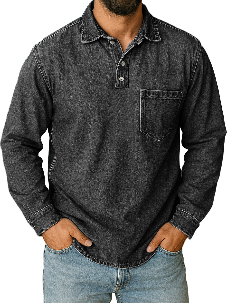 Men's Stylish Vintage Distressed Pocket Lapel Long-sleeved Polo Shirt