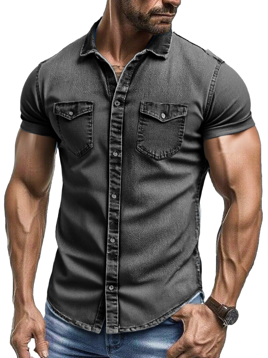 Men's Fashion Retro Workwear Outdoor Double Pocket Lapel Short-sleeved Shirt
