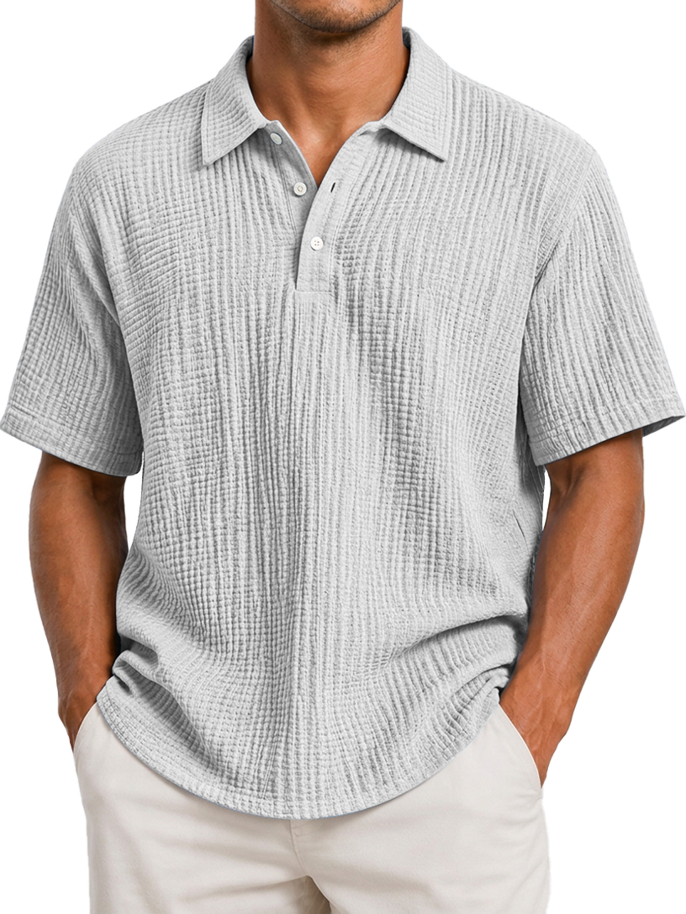 Men's Casual Short-Sleeve Polo Shirt with Pleated Collar and Button Placket