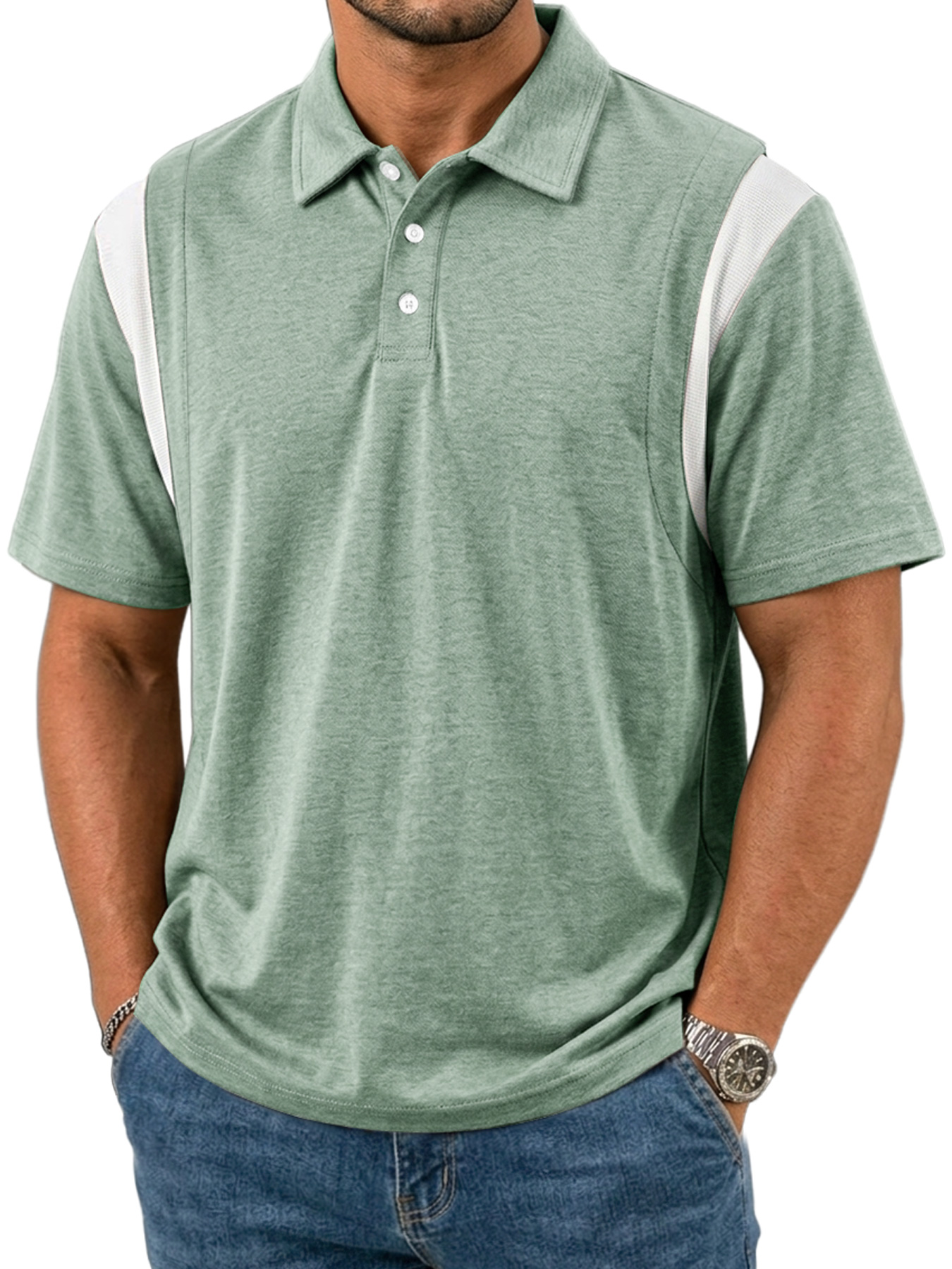 Men's Patchwork Design Collared Button Casual Short-sleeved Polo Shirt