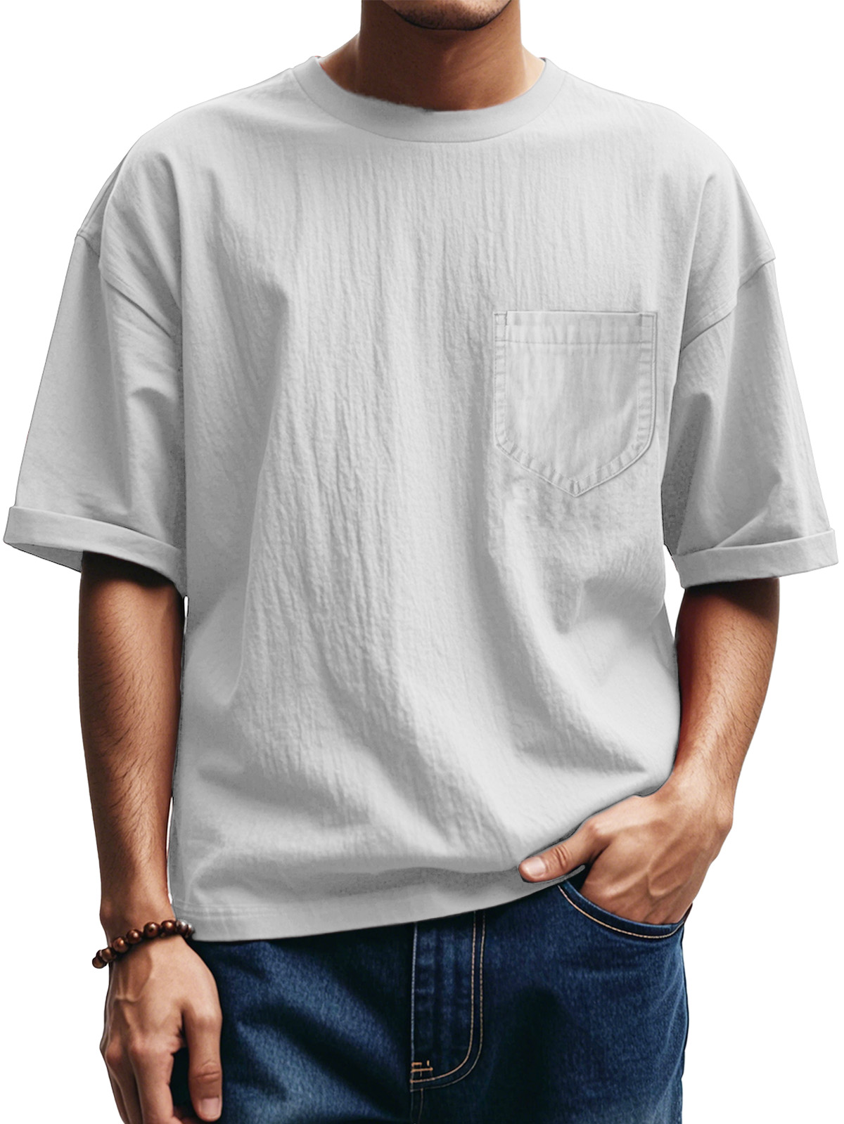 Men's Fashion Casual Pleated Round Neck Short Sleeve Pocket T-Shirt