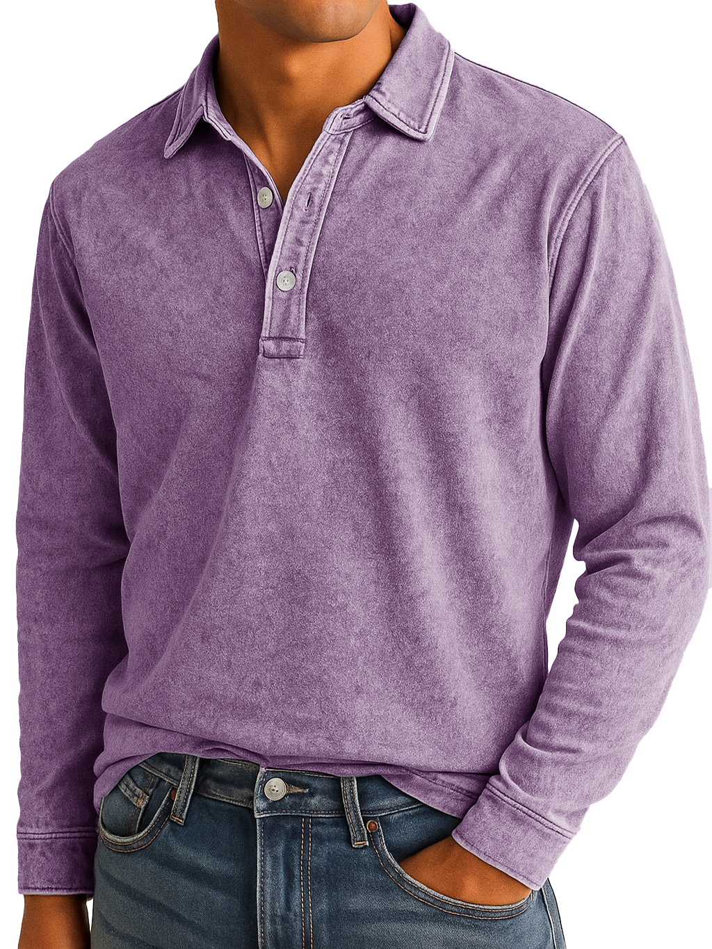 Men's Stylish Vintage Washed And Distressed Lapel Long-sleeved Polo Shirt
