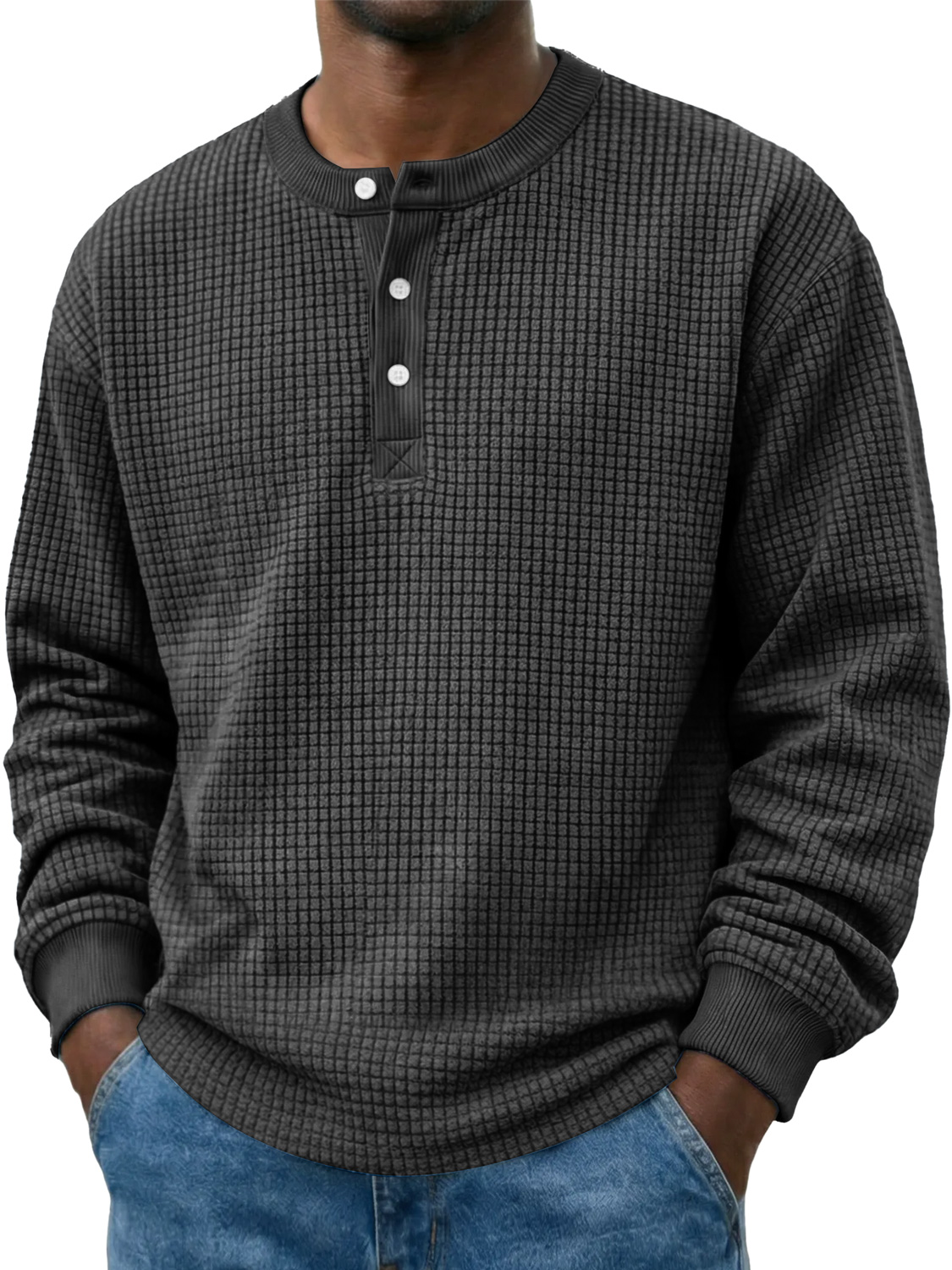 Men's Casual Corduroy Waffle-knit Solid Color Long-sleeved Henley Shirt