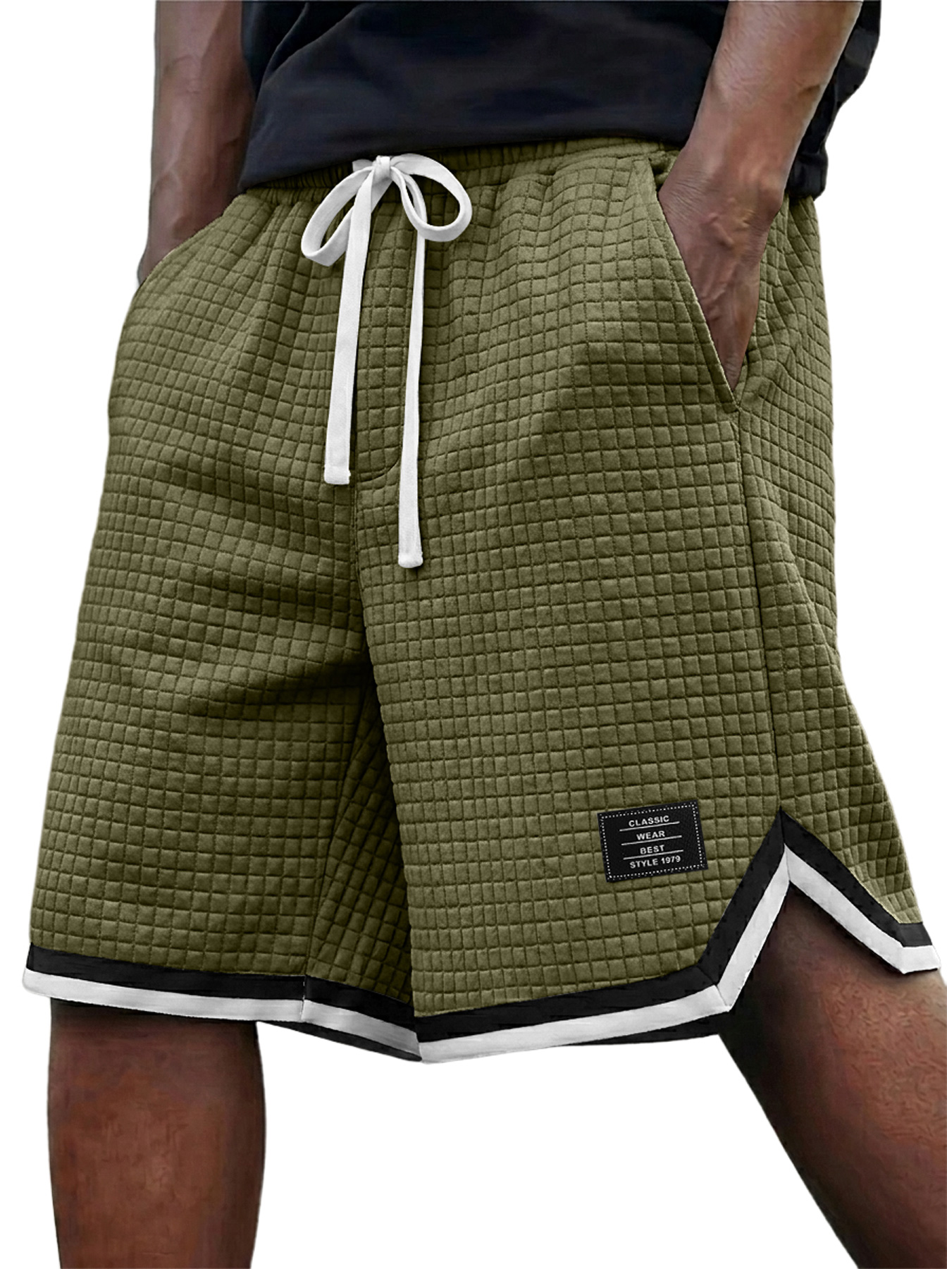Men's Waffle Weave Ribbon Embroidered Logo Casual Shorts