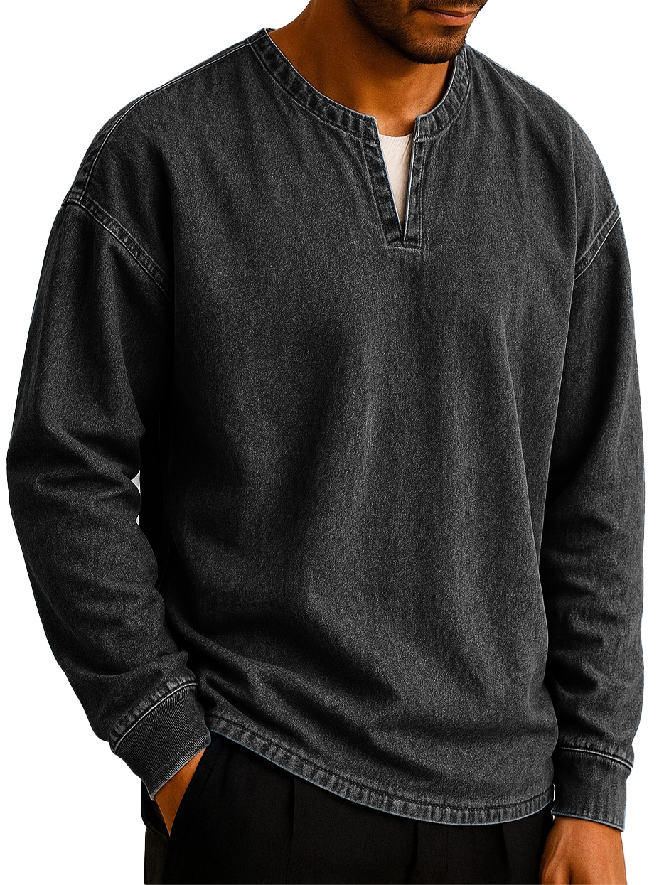 Men's Stylish Casual Outdoor V-neck Distressed Loose-fitting Long-sleeved T-shirt