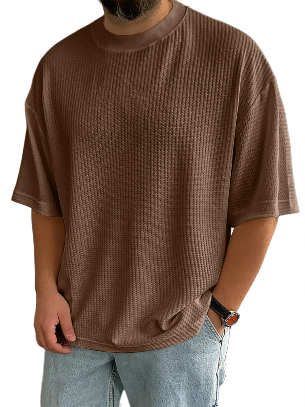 Men's Casual Textured Round Neck Solid Color Short-sleeved T-shirt