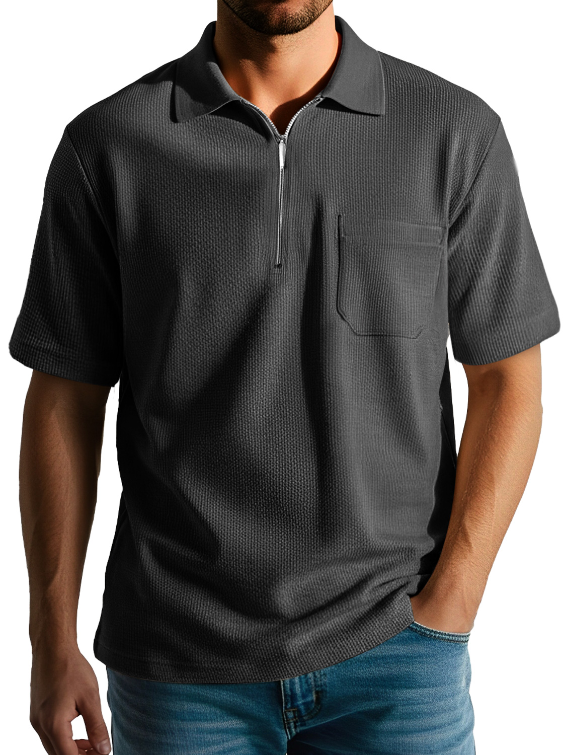 Men's Daily Casual Texture Lapel Zipper Comfortable Short-sleeved Polo Shirt
