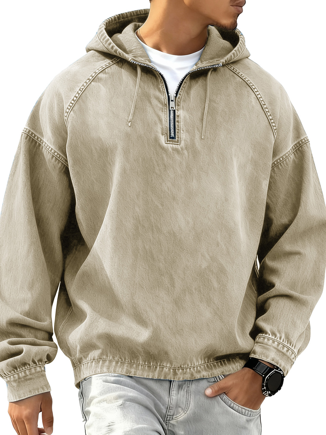 Men's Retro Fashion Distressed Raglan Long-Sleeve Hoodie