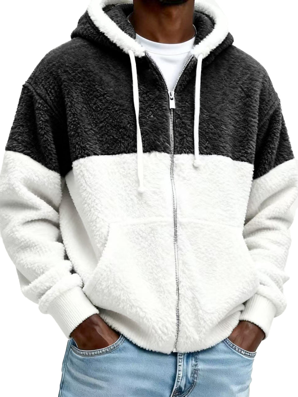 Men's Stylish Casual Patchwork Plush Warm Long-sleeved Hooded Jacket