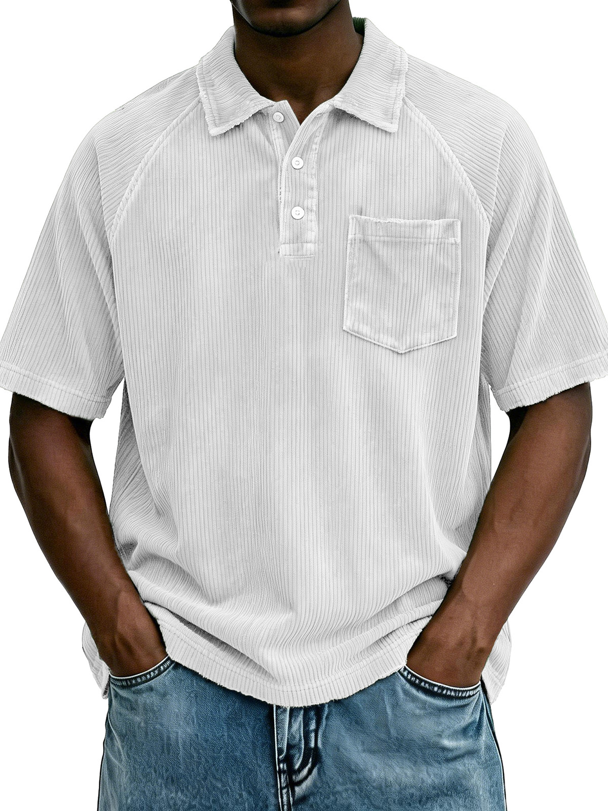 Men's Retro Raglan Pocket Zipper Loose Short-Sleeve Polo Shirt
