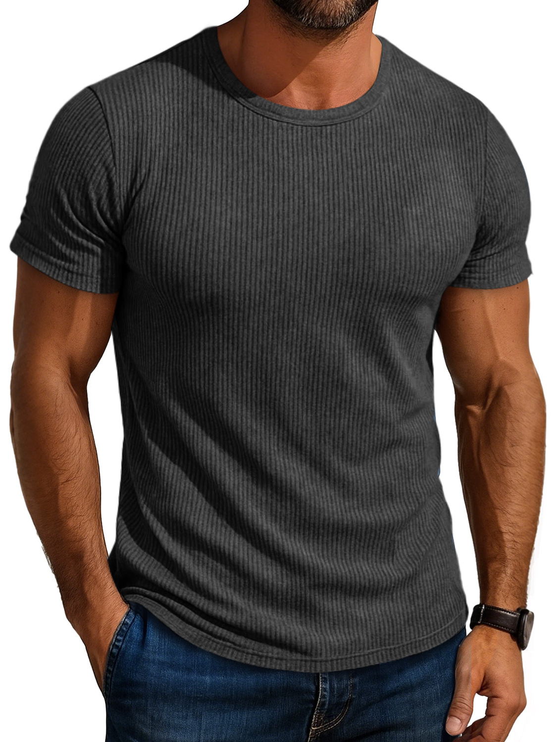Men's Daily Round Neck Ribbed Casual Comfortable Solid Color Short-sleeved T-shirt