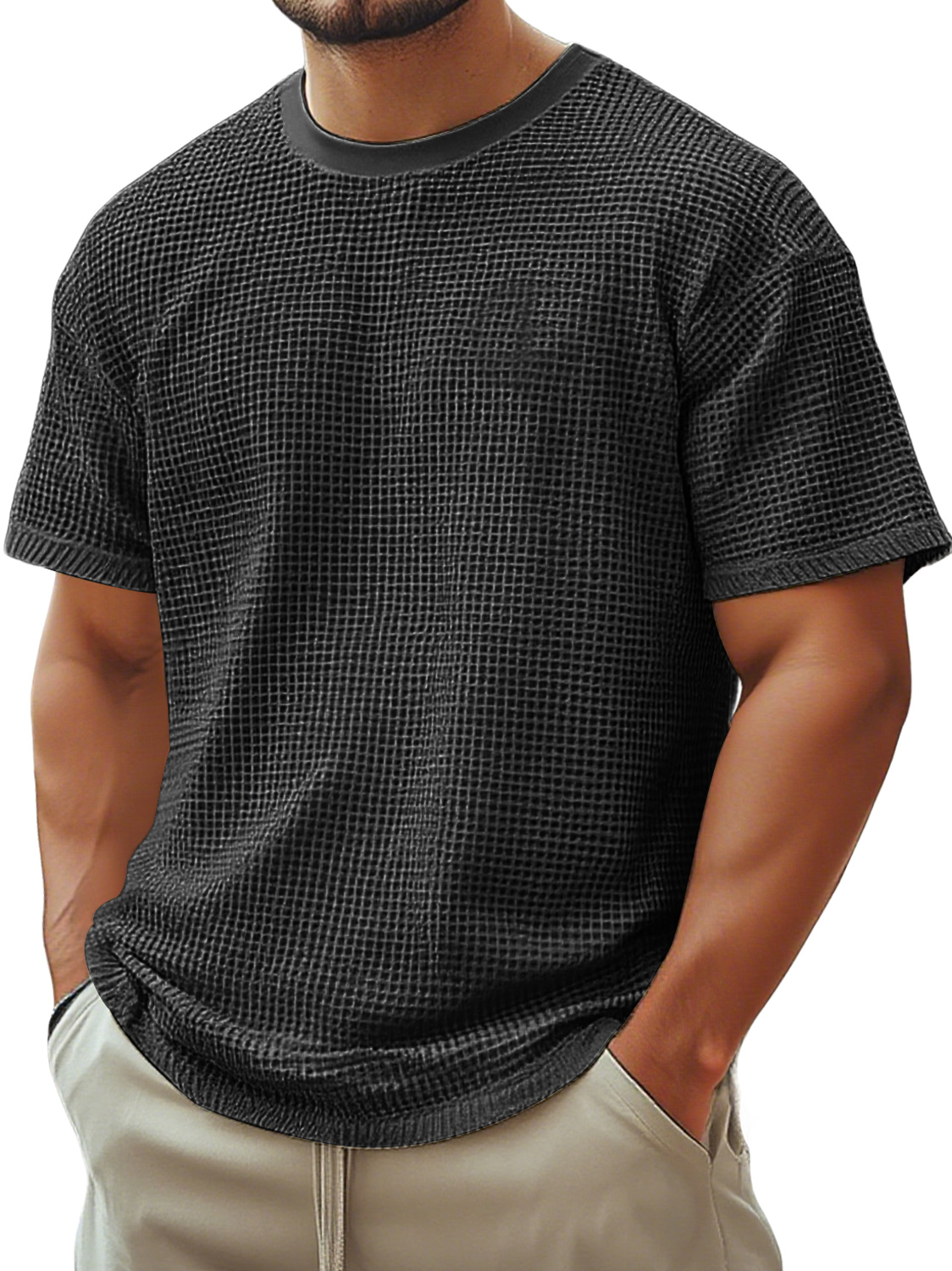 Men's Retro Crew Neck Waffle Casual Short Sleeve T-Shirt