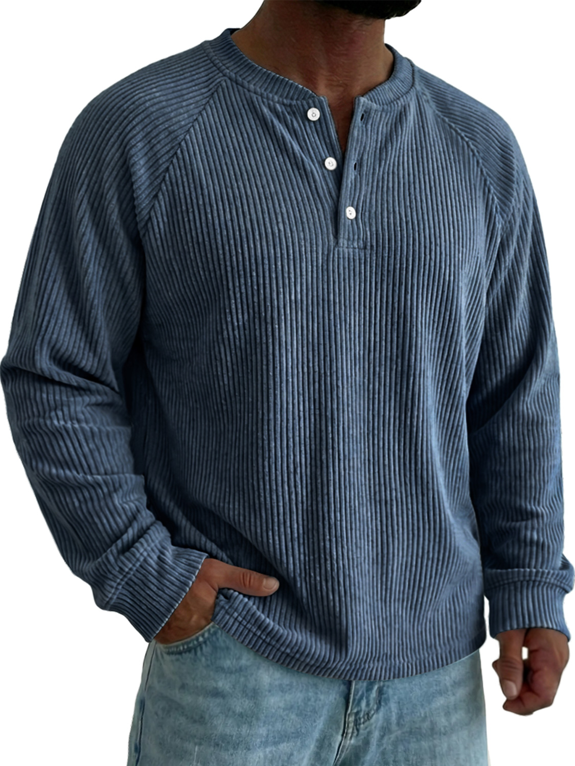 Men's Raglan Sleeve Corduroy Casual Solid Color Long-sleeved Henley Shirt