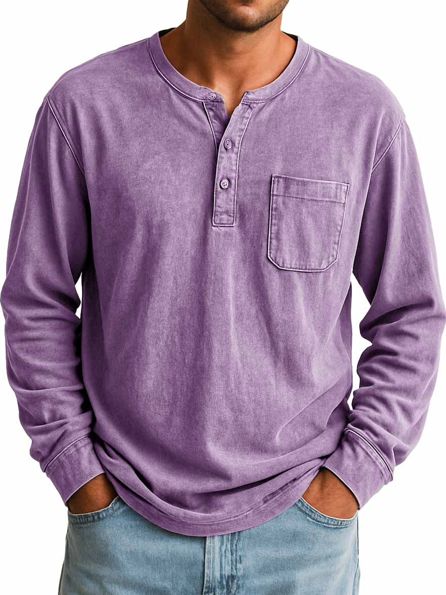 Men's Stylish Retro Outdoor Distressed Pocket Stand Collar Long-sleeved Henley Shirt