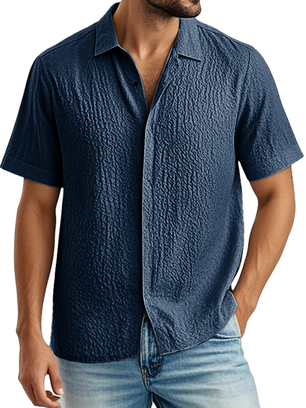 Men's Fashion Casual Pleated Fabric Lapel Short Sleeve Shirt