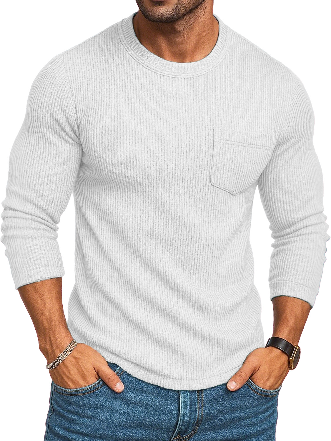 Men's Stylish Casual Retro Round-neck Ribbed Fabric Long-sleeved Pocket T-shirt
