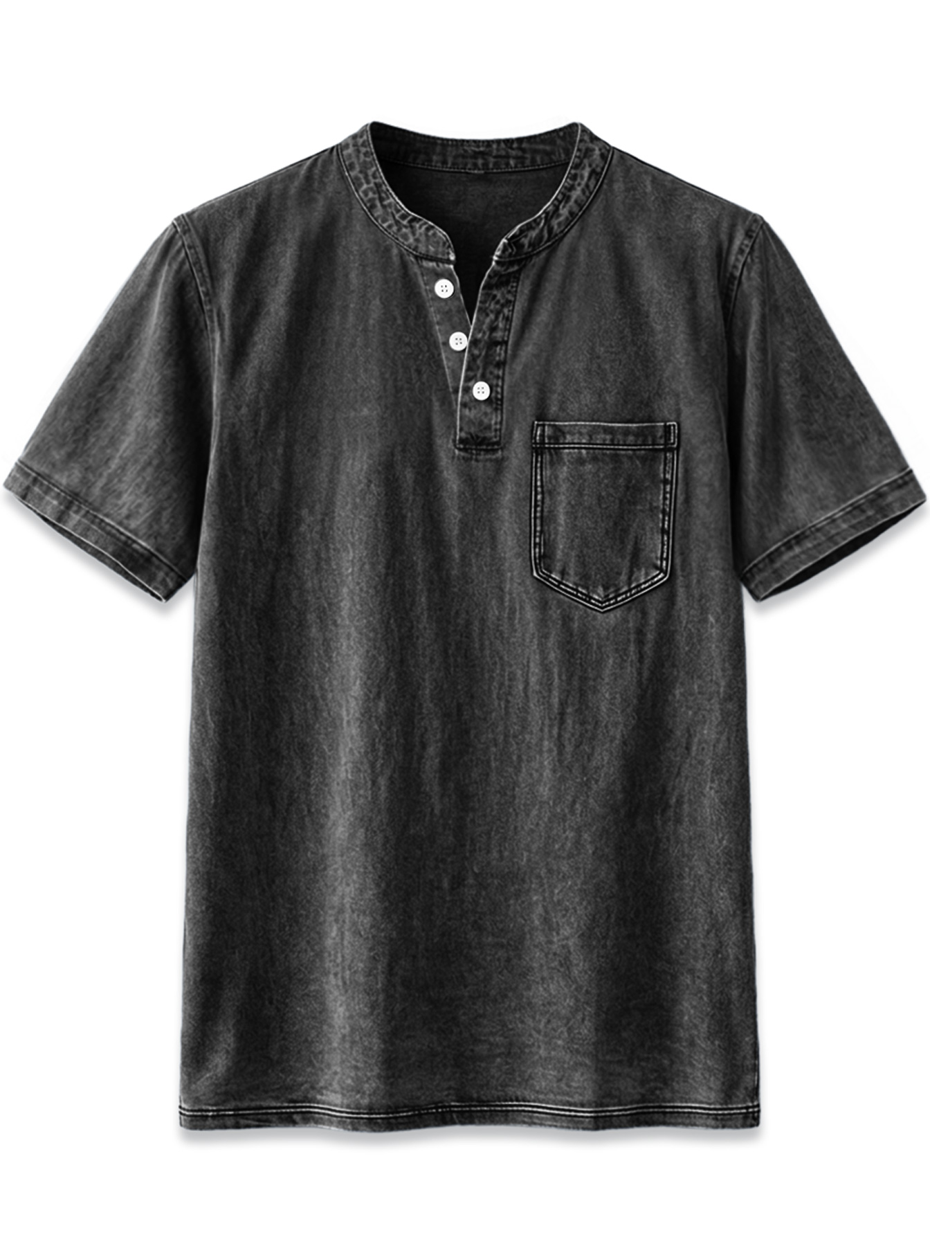 Men's Retro Stand Collar Button Casual Pocket Short Sleeve Henley Shirt