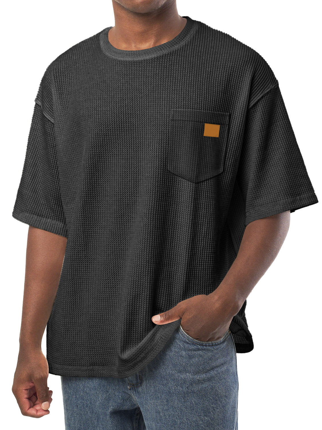 Men's Everyday Waffle Pocket Embroidered Logo Crew Neck Casual Loose Short Sleeve T-Shirt