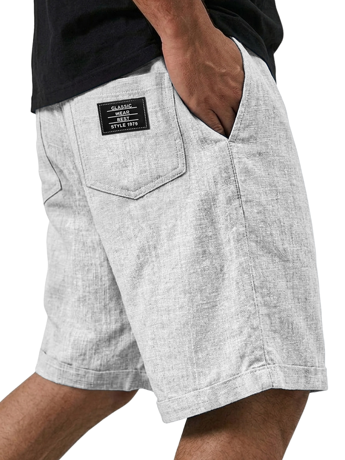 Men's Casual Solid-Color Linen Shorts with Embroidered Logo