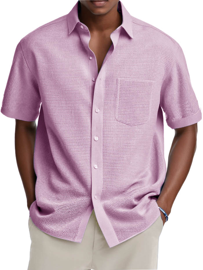 Men's Fashion Casual Retro Waffle Fabric Pocket Short-sleeved Shirt