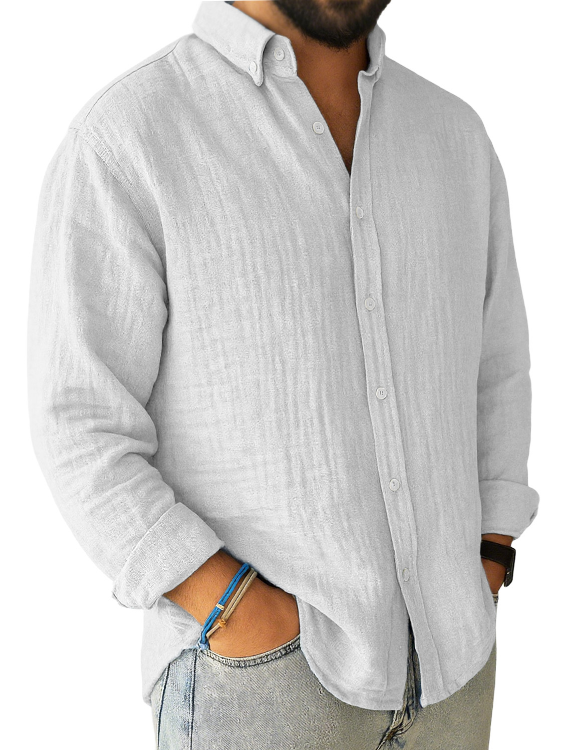 Men's Casual Pleated Loose-fitting Long-sleeved Lapel Shirt