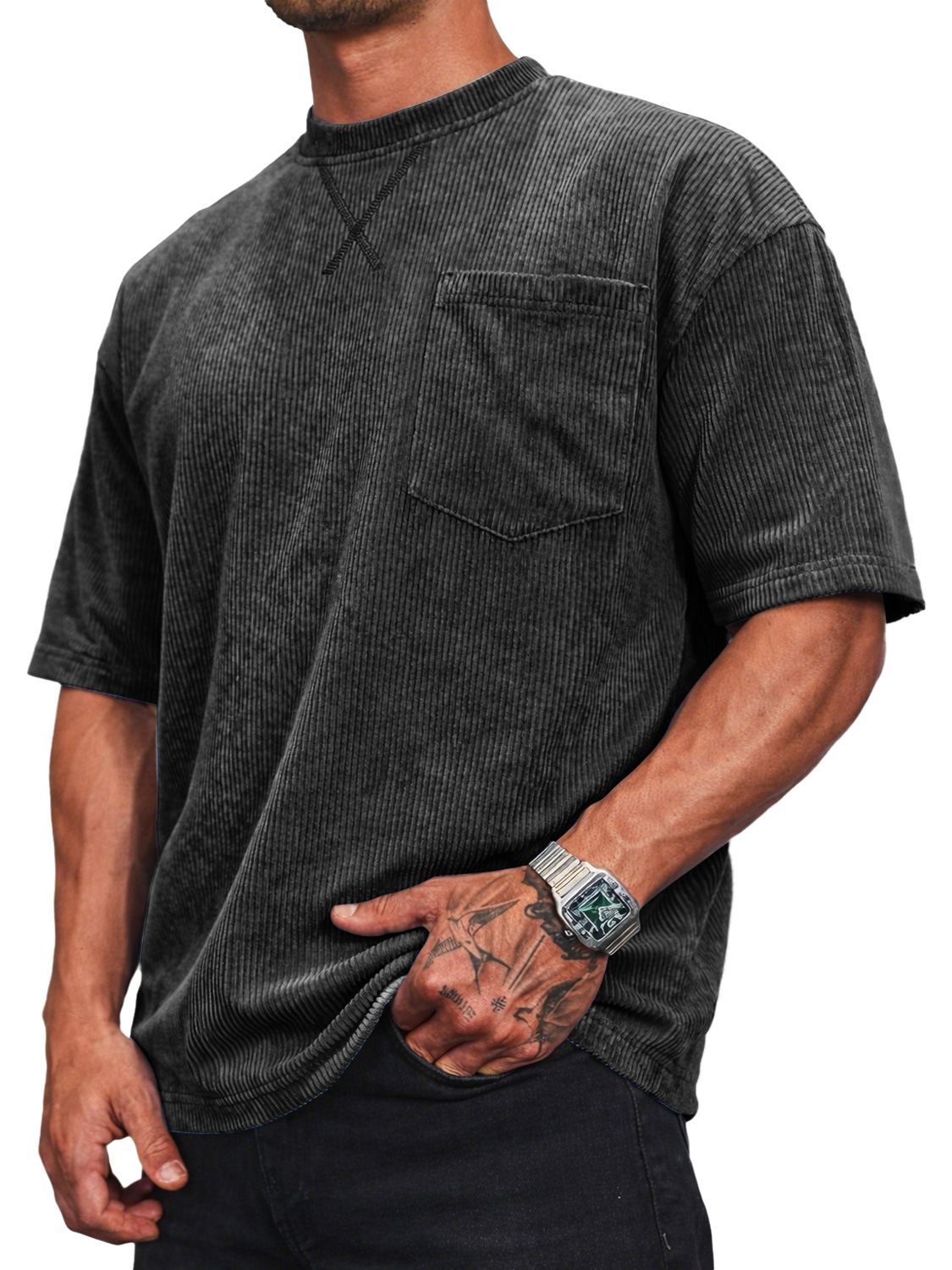 Men's Corduroy Crew Neck Short-sleeved T-shirt With A Crossover Design