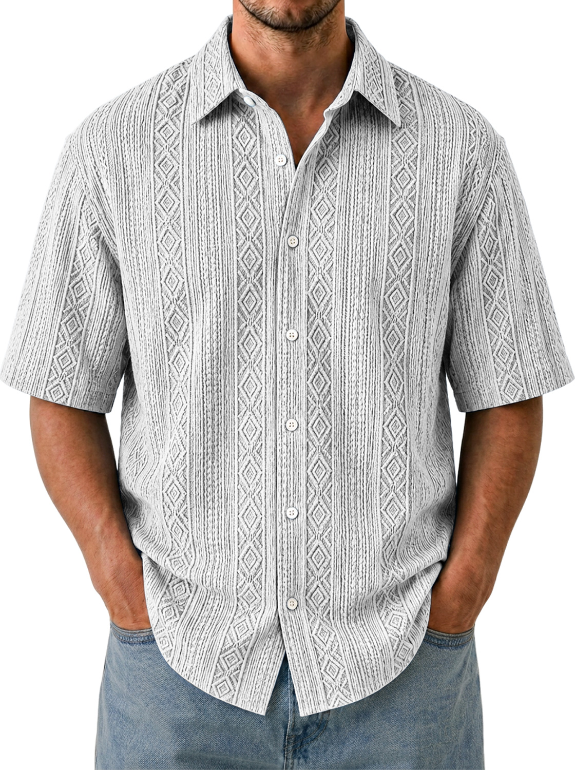 Men's Solid-Color Short-Sleeve Casual Shirt with Jacquard Texture