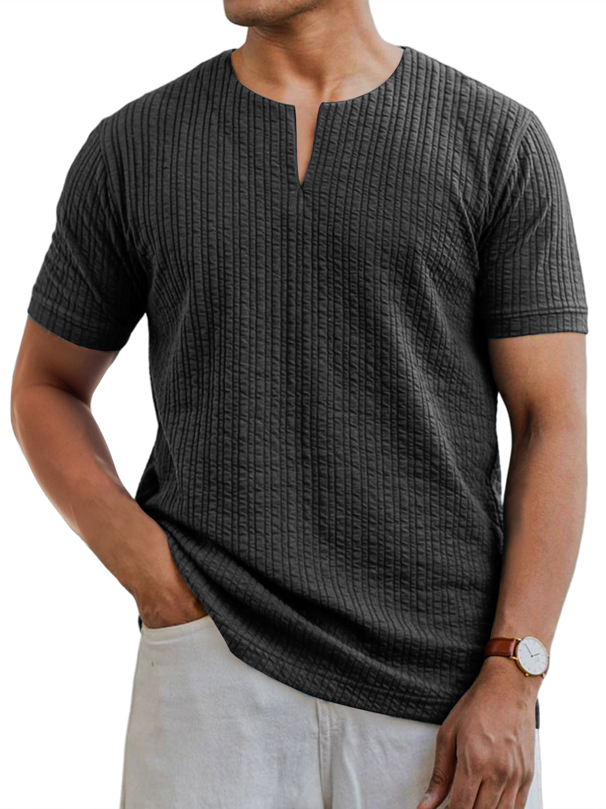 Men's Daily V-neck Pit Strip Casual Solid Color Short-sleeved T-shirt