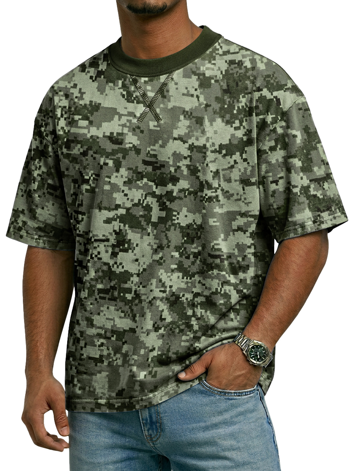 Men's Crew Neck Camouflage Crossover Design Casual Short-Sleeve T-Shirt