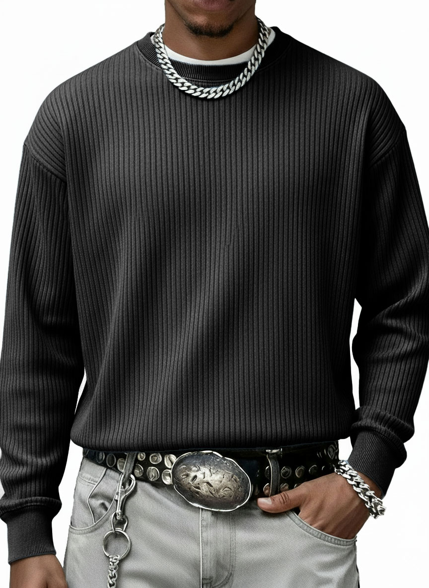 Men's Stylish Casual Vintage Crewneck Ribbed Fabric Long-sleeved Base T-shirt