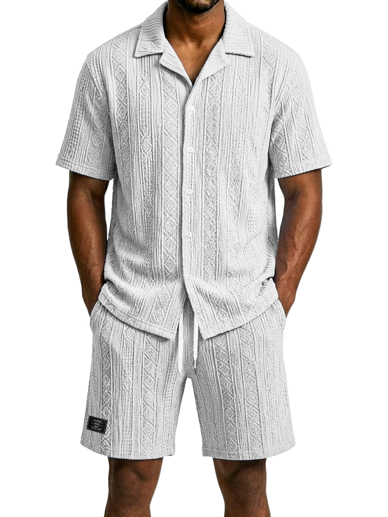 Men's Casual Jacquard Textured Solid Color Shirt and Shorts Two-Piece Set