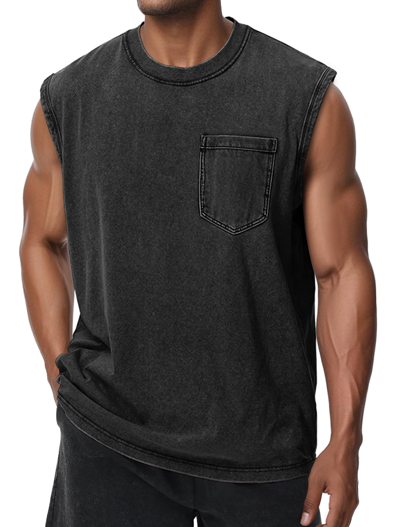Men's Retro Washed Cotton Round Neck Pocket Casual Sleeveless Vest