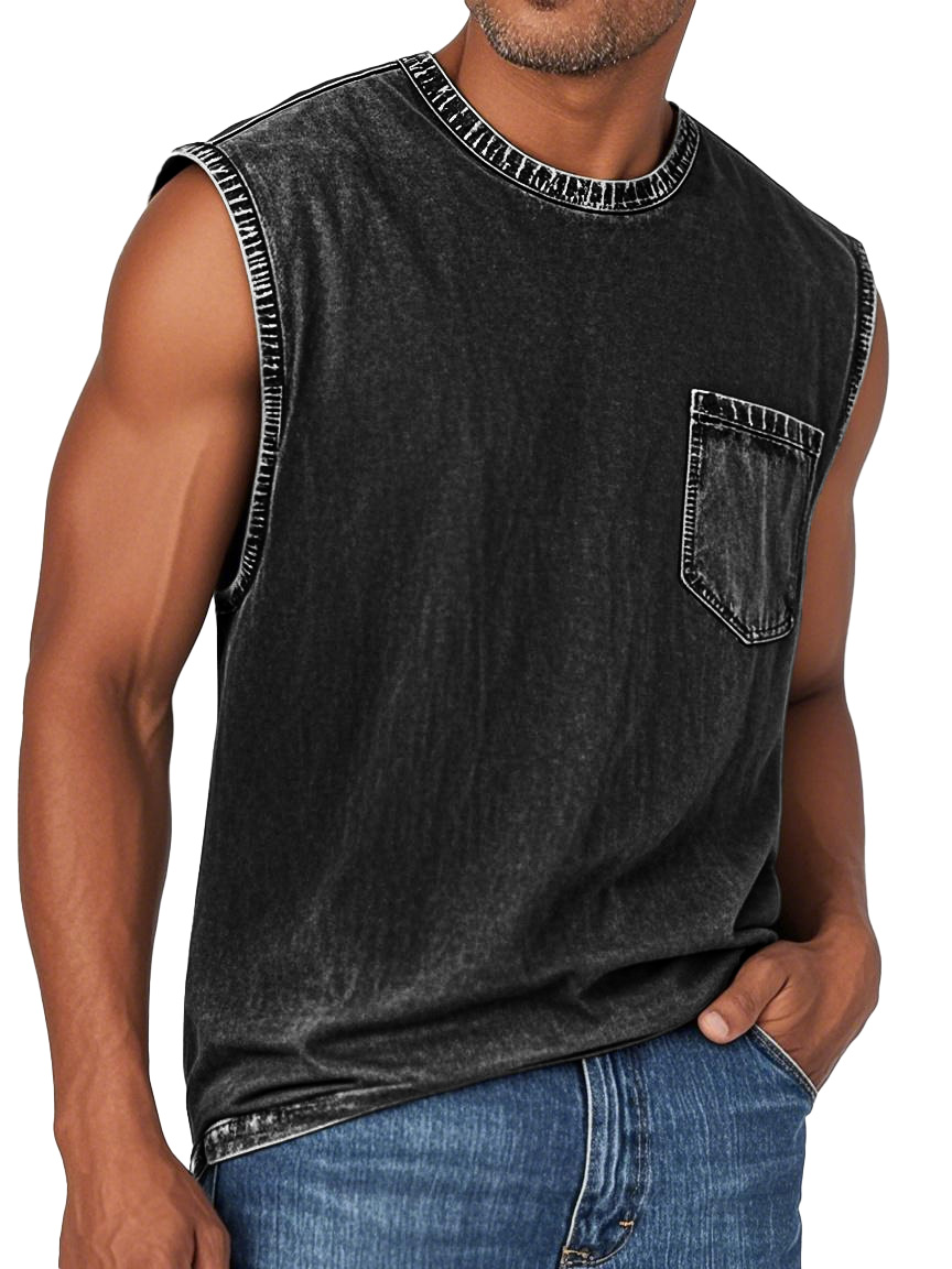 Men's Fashion Retro Washed Round Neck Pocket Sleeveless T-shirt