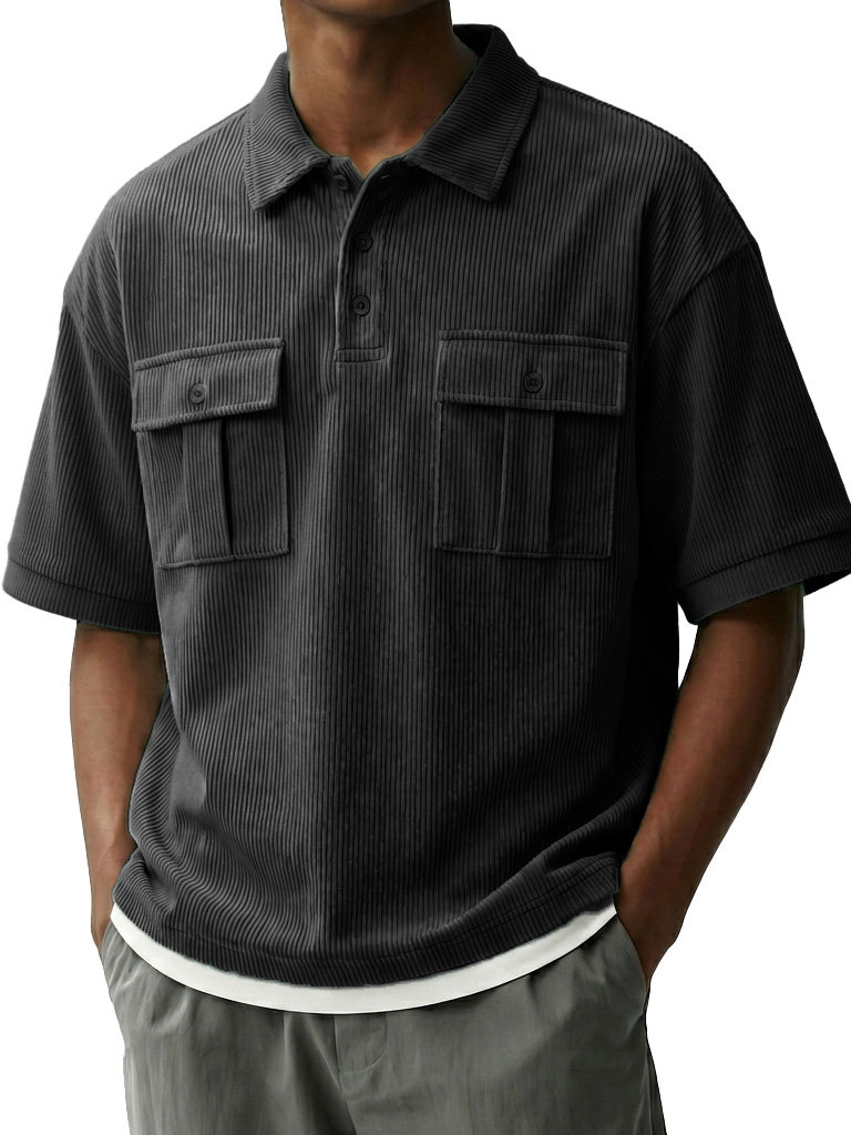 Men's Fashionable Retro Workwear Pocket Short-sleeved Polo Shirt with Lapel