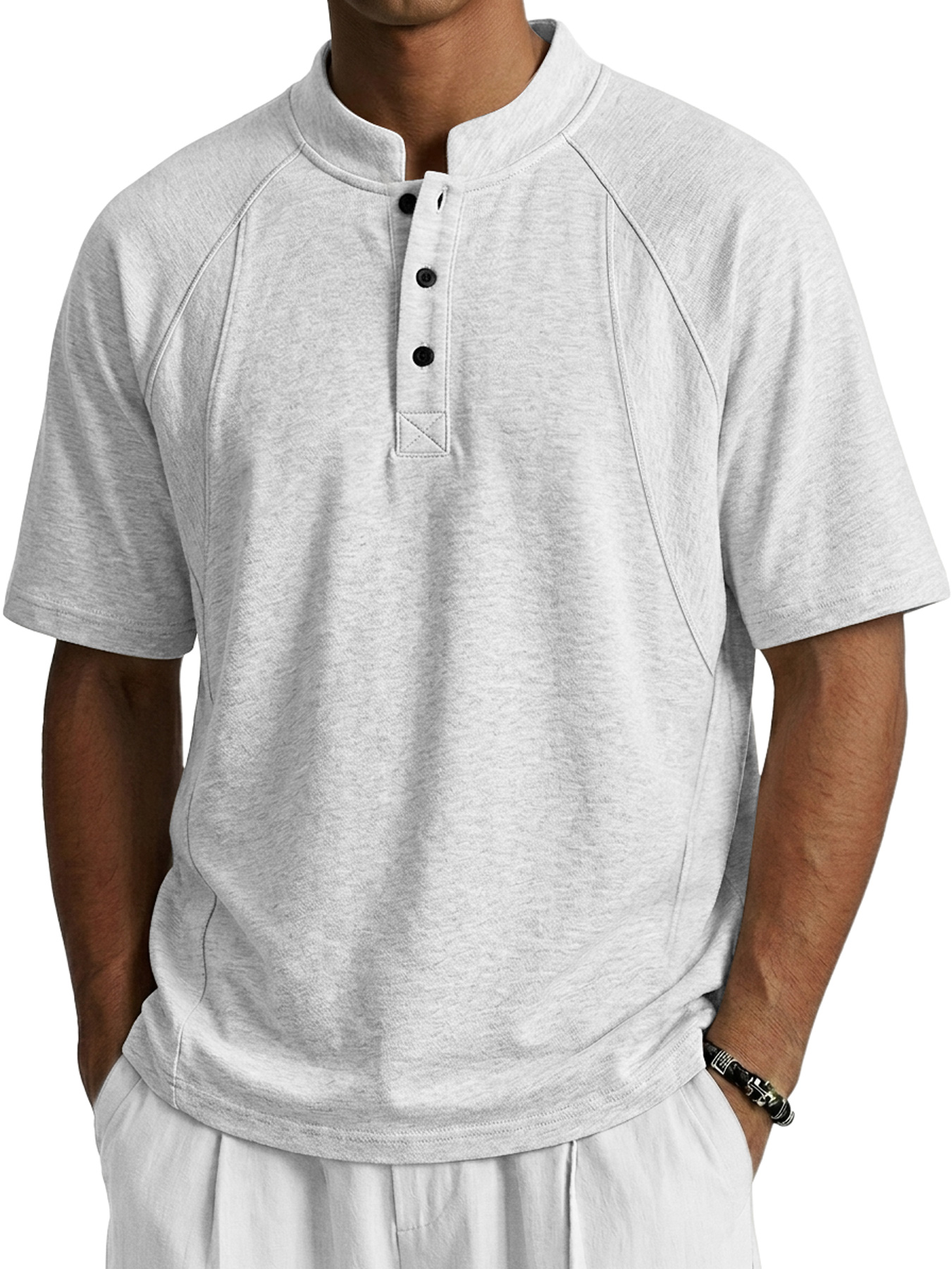 Men's Deconstructed Design Stand-up Collar Button Casual Short-sleeved Henley Shirt