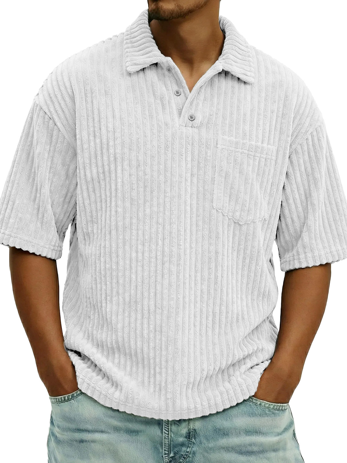 Men's Fashionable Ribbed Pocket Collar Short-Sleeve Polo Shirt