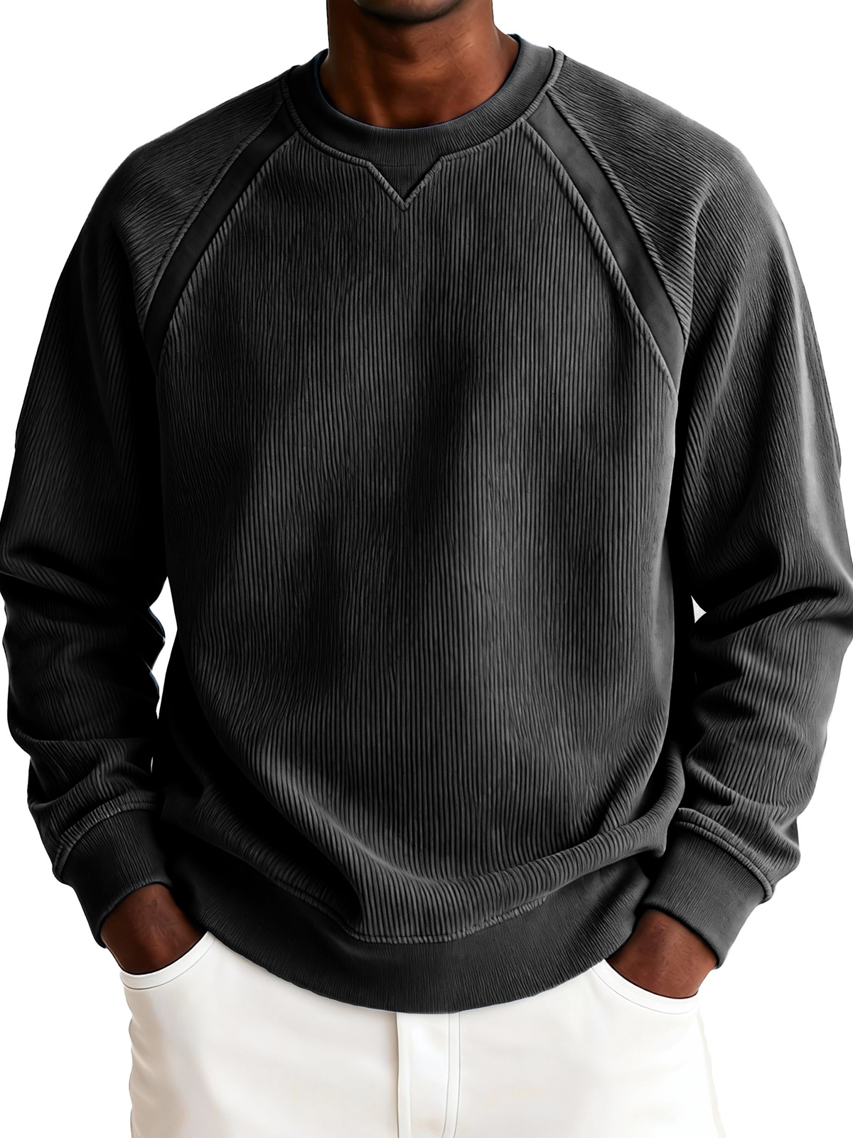 Men's Fashionable Casual Ribbed Corduroy Crew Neck Long-sleeved Top