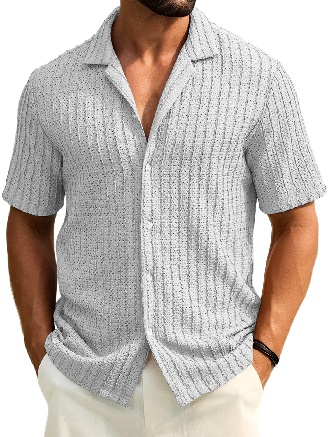 Men's Daily Casual Texture Lapel Comfortable Short-sleeved Shirt