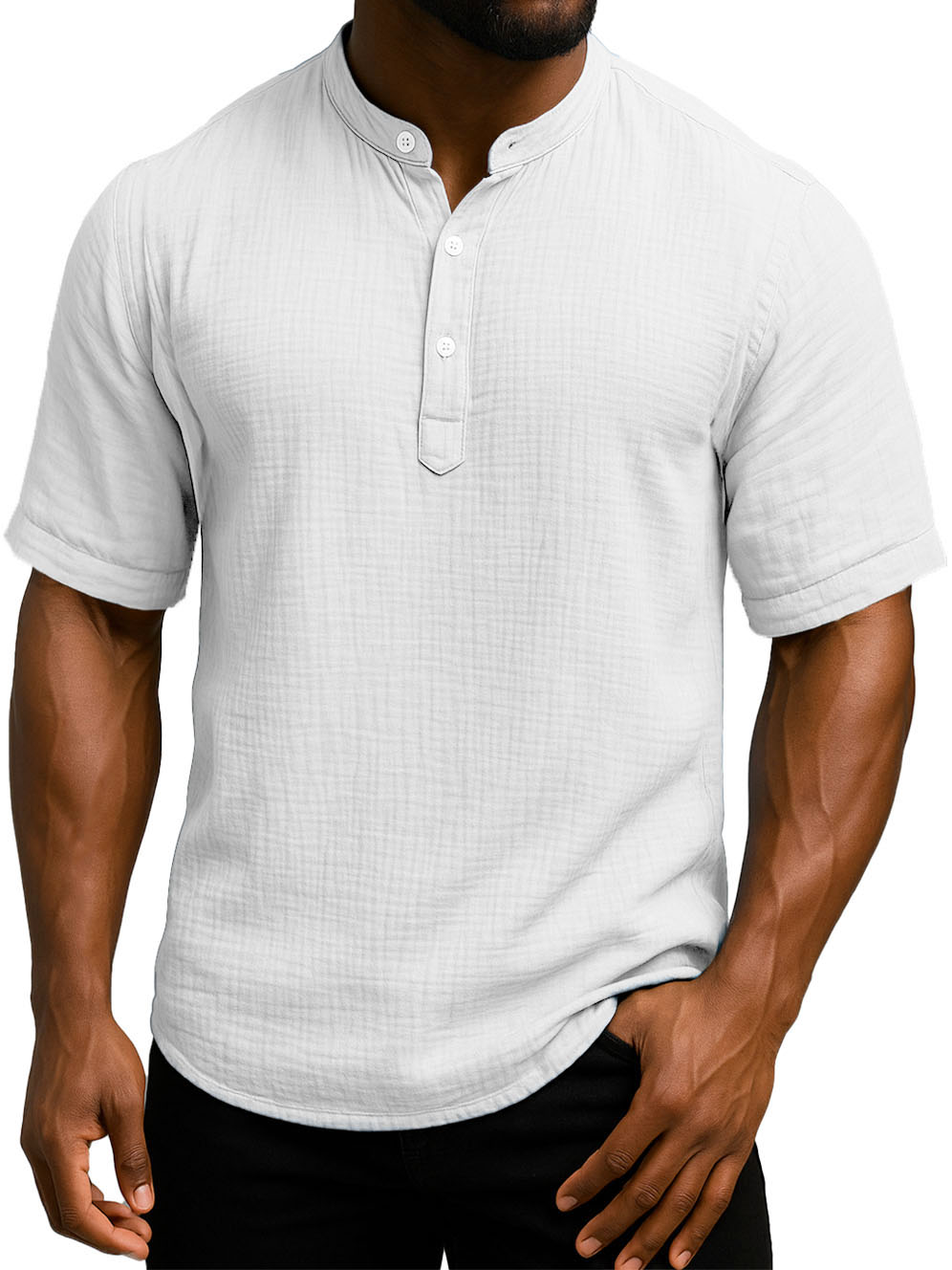 Men's Daily Casual Wrinkled Fabric Wide Short Sleeve Henley Shirt
