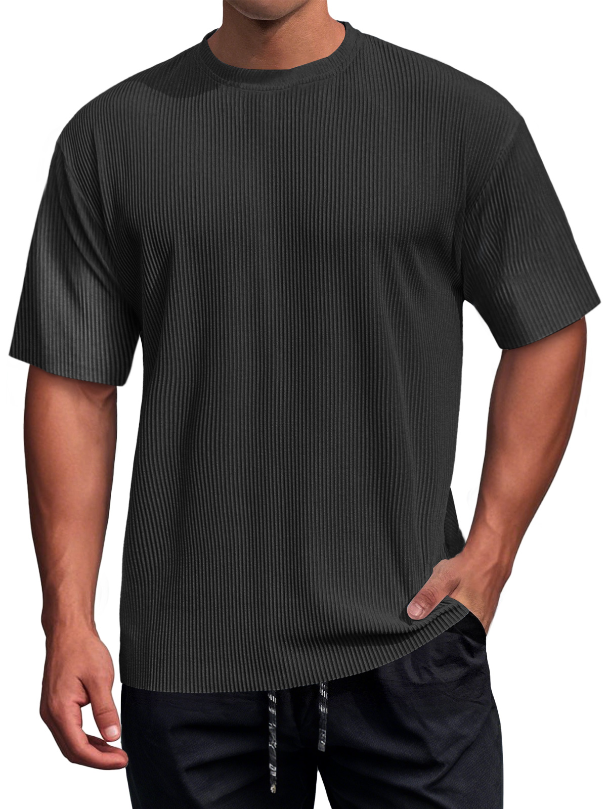 Men's Daily Round Neck Ribbed Texture Casual Short-sleeved T-shirt