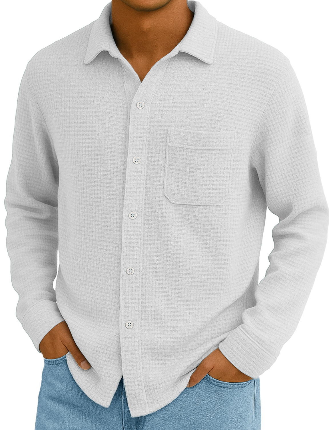 Men's Stylish Everyday Casual Waffle Fabric Pocket Lapel Long-sleeved Shirt
