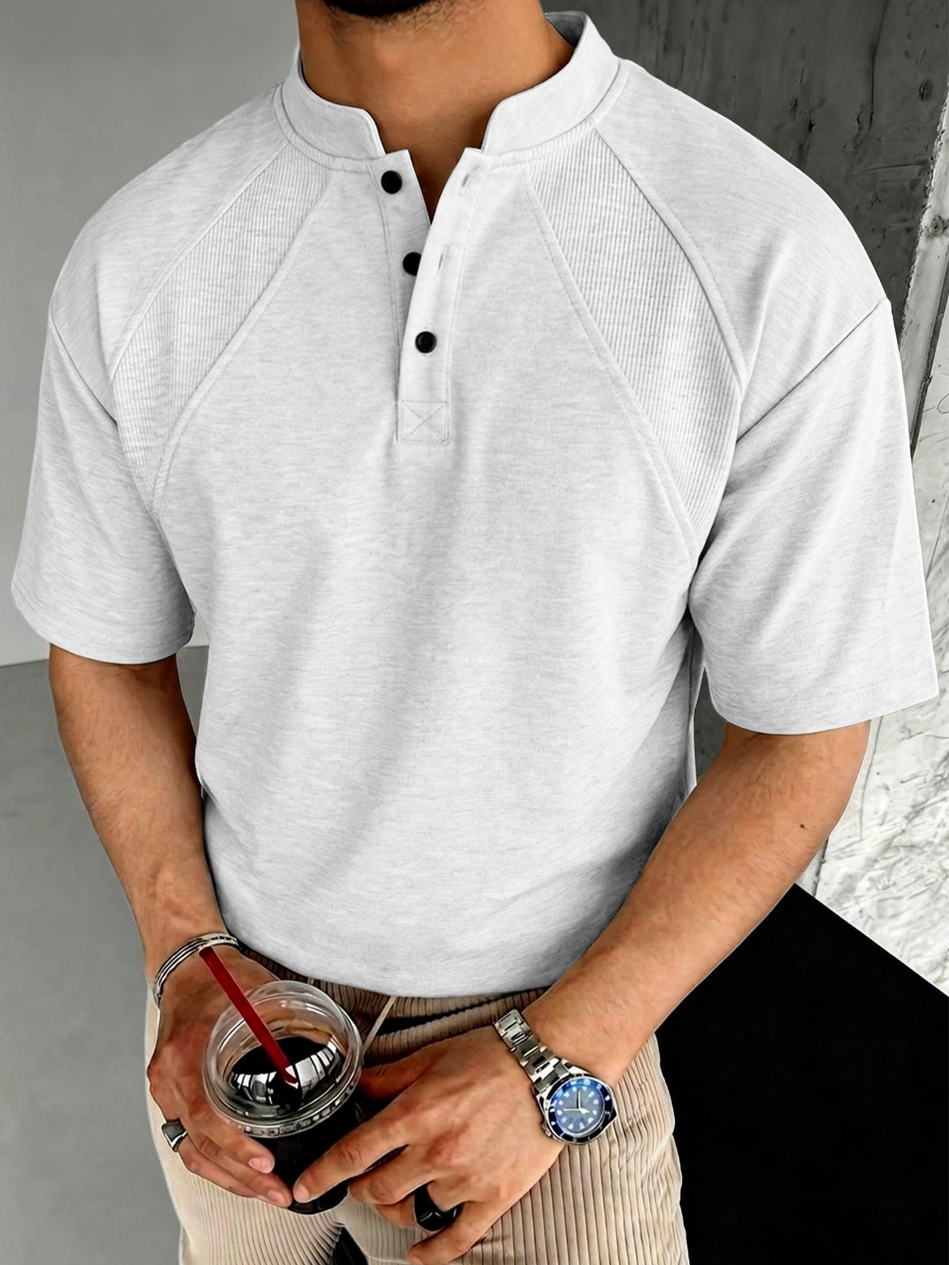Men's Casual Short-Sleeve Henley Shirt with Stand Collar and Button Accents